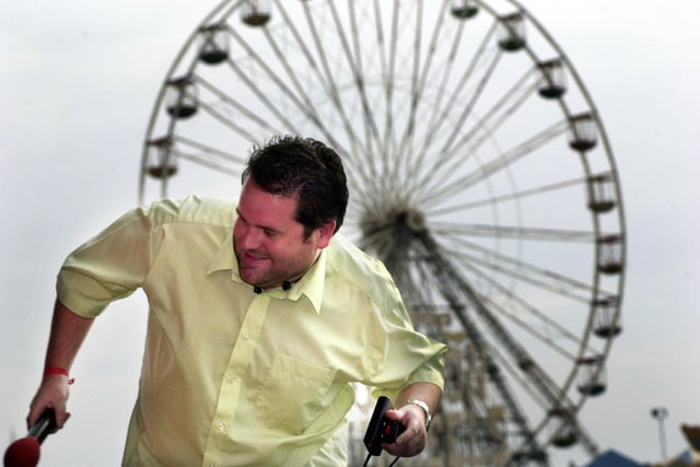 DJ Chris Moyles clowning around at the roadshow in 2000