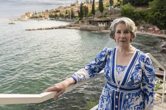 Elena Da Vinale (Phyllis Logan) takes in son-in-law Joe and grand-daughter Angelica (Beau Gadsdon) in the ITV crime drama A Taste for Murder (Picture: Eagle Eye/ITV)
