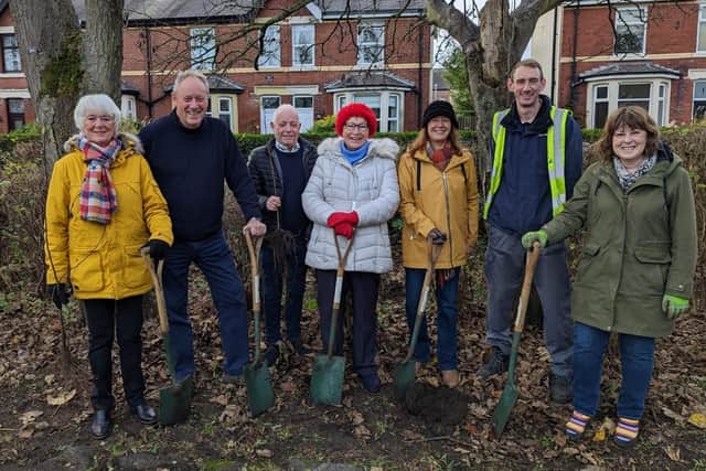 Digging in for National Tree Week - Fylde Council leader Karen Buckley (fifth from left) with fellow councillors (from left) Sue Fazackerley, Roger Small, David O’Rourke and Viv Wilder with Fylde Council Area Conservation Ranger Fraser Monteath and volunteer Melanie Ince ready to planet trees at Hope Street Park, St Annes..