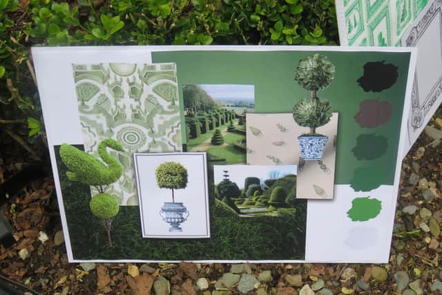A display of Hex Gregson's dress, sketch books and paintings was set up at the entrance to the world’s oldest topiary garden at Levens Hall and Gardens in Cumbria as part of celebrations World Topiary Day