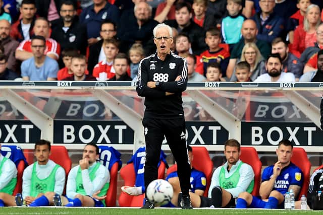 NOTTINGHAM, ENGLAND - SEPTEMBER 12: Mick McCarthy, the Cardiff City manager looks on during the Sky Bet Championship match between Nottingham Forest and Cardiff City at City Ground on September 12, 2021 in Nottingham, England. (Photo by David Rogers/Getty Images)