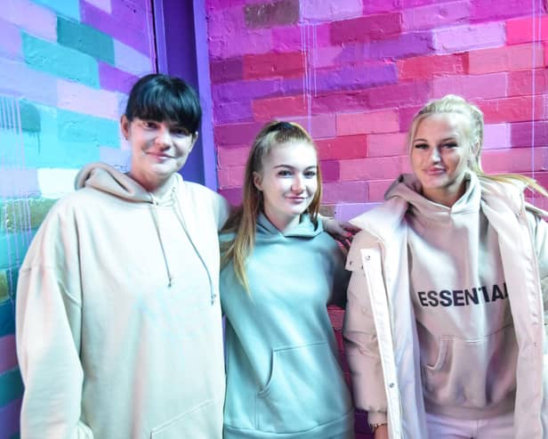 Millie B and Sophie Aspin talk to youngsters at Skool of Street about how to stay safe online. Pictured is Sam Bell Docherty with Millie B and Sophie Aspin.