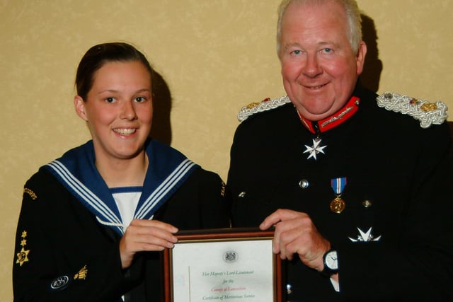 Picture shows Petty Officer Cadet Kate Sloman HM Lord Lieutenant of Lancashire, Colonel The Rt. Hon. the Lord Shuttleworth in 2007