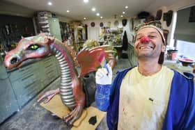 Laci Endresz, who plays Mooky the Clown, in his workshop where he makes the props for his show at the Blackpool Tower circus.