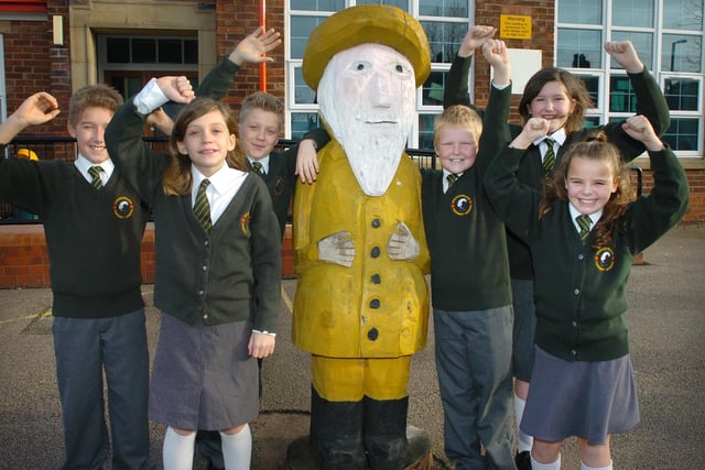 Pupils from Shakespeare Primary in Fleetwood with their fisherman mascot in the playground. Pictured (left to right): Jamie Watson, Shannon Bailey, Josh Gibson, Andrew Holloway, Alex Johnstone, and Jade Wright