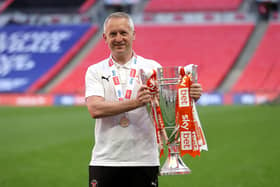 LONDON, ENGLAND - MAY 30: Neil Critchley, Manager of Blackpool celebrates with the Sky Bet League One Play-off Trophy following victory in the Sky Bet League One Play-off Final match between Blackpool and Lincoln City at Wembley Stadium on May 30, 2021 in London, England. (Photo by Catherine Ivill/Getty Images)