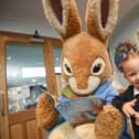 Little  Remi Marnie-Correa, aged four, is thrilled to meet Peter Rabbit after he paid a visit to Westminster Primary School in Blackpool