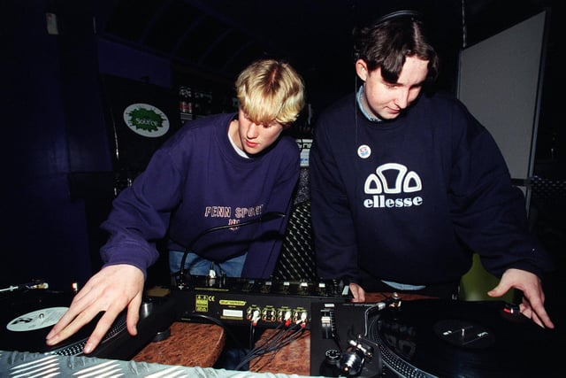 Vinyl Blast DJ event at The Bizness nightclub, 1998. Rob Mason and Tim Johnson try their hand on the turntables