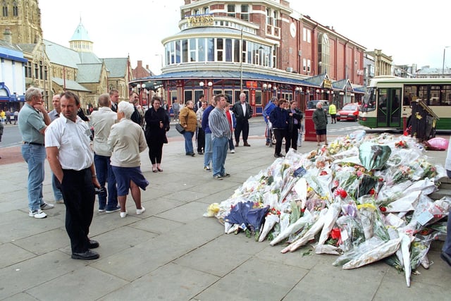 The scene outside Blackpool Town Hall as the Funeral Service for Princess Diana took place in London