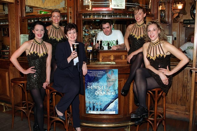 Photocall for  Spirit of the Dance was held at Scruffy Murphy's pub in 1997. From left, Patricia Murray,  Sharon Kiel, Denise Nolan,  serving the drinks - Pat Shields, Joanne Gaskin and Victoria Higgins