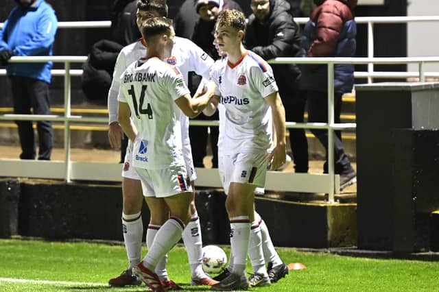 Goalscorer Luca Thomas combined with Liam Brockbank for Fylde's opener Photo: STEVE MCLELLAN