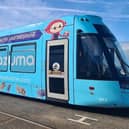 The new Mazuma Mobile liveried tram at the Starr Gate depot in Blackpool