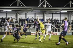 Action in the Blyth Spartans box but it wasn't Fylde's night in front of goal Picture: STEVE MCLELLAN