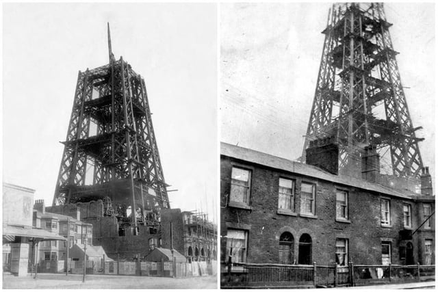 These two photos show the construction at similar stages. The picture on the left is taken from the seafront and the tower is beginning to dwarf the surrounding properties. And the one on the right - imagine what it must have been like to live there in a tiny terrace with a huge tower being built yards from the back door. It must have been so noisy and dusty