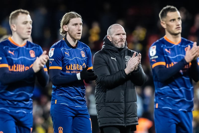 Blackpool's manager Michael Appleton (2nd right) applauds his side's travelling supporters at the end of the match
The EFL Sky Bet Championship - Watford v Blackpool - Saturday 14th January 2023 - Vicarage Road - Watford
