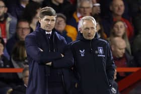 NOTTINGHAM, ENGLAND - OCTOBER 10: Steven Gerrard, Manager of Aston Villa looks on with Neil Critchley, Assistant Manager of Aston Villa during the Premier League match between Nottingham Forest and Aston Villa at City Ground on October 10, 2022 in Nottingham, England. (Photo by Clive Brunskill/Getty Images)