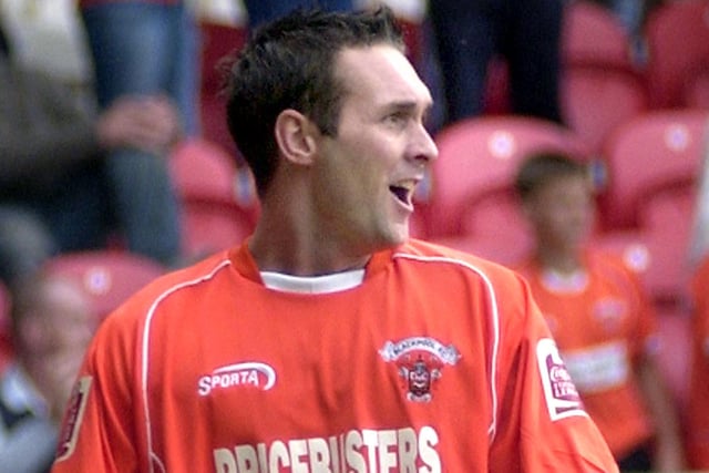 Scott Taylor celebrates scoring Blackpool's first and only goal against Luton Town in 2004. This was when Pricebusters sponsored in 2004/05