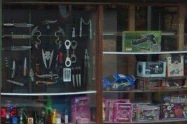 An image taken from Google Street View shows a range of deadly-looking knives and swords on display in the window of a Blackpool shop