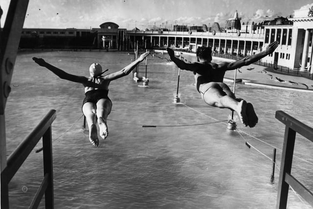 Swallow diving at the stunning South Shore Outdoor Swimming baths, 1930s style