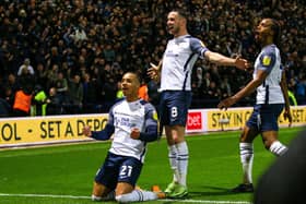 Cameron Archer celebrates scoring the winner against Blackpool at Deepdale