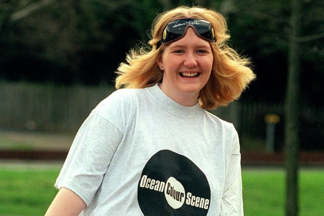 Sixth formers at Lytham St Annes High School had collected a variety of signed items to be raffled for charity. Picture shows Suzanne Cunliffe modelling an Ocean Colour Scene T-shirt, signed Steve MacManaman shorts, and signed Frankie Dettori goggles, 1997