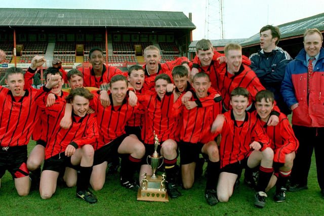 Cardinal Allen School squad celebrating at Bloomfield Road after winning the Schools Cup Final in 1997