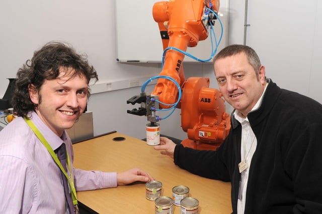 Partnership day between Collegiate High School and Blackpool and the Fylde College. Adrian Bamber from the college School of Engineering and Collegiate Design Technology teacher Paul Donoghue swap ideas