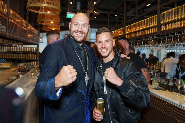 Tyson Fury and Scott Thomas attend a party hosted by Tyson Fury at Piccolo in Manchester to launch his new Furocity Champion energy drink, available in Iceland now. Picture date: Thursday July 27, 2023. PA Photo. Available at Iceland Foods and The Food Warehouse, the flavour of Furocity’s Champion energy drink has been unveiled exclusively to the guests in attendance. Picture credit should read: Dominic Lipinski/PA Wire.