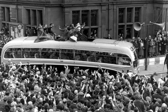 The homecoming in 1953 - Talbot Square was central to celebrations following the FA Cup Final between Blackpool and Bolton. The triumphant team rounds the corner of Blackpool Town Hall from Corporation Street in the open top Seagull Coach
