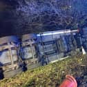 The lorry driver suffered minor injuries after overturning on the southbound M6 between junctions 23 and 24 earlier this morning