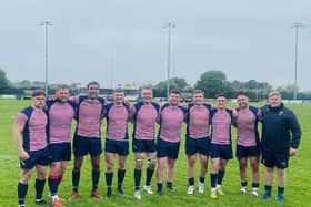 l-r: Fylde's Lancashire contingent of Henry Higginson, Scott Rawlings, David Fairbrother, Tom Grimes, Toby Harrison, Corey Bowker, Ben Gregory, Adam Lanigan, Connor Wilkinson, and head coach Alex Loney