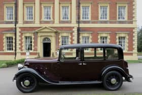 A period car outside Lytham Hall during filming of Flyte of Fancy