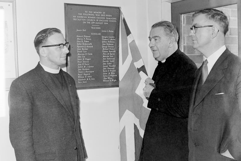 A plaque to those who lost their lives in the Freckleton air disaster was unveiled at the new Freckleton C of E Memorial School by the Vicar of Lytham and Archdeacon of Lancaster, the Ven. C.H. Lambert (centre) on the left is Rev N.S. Saul, Vicar of  Freckleton and on the right is the headmaster of the school  Mr F.A. Billington JP. This was 1963