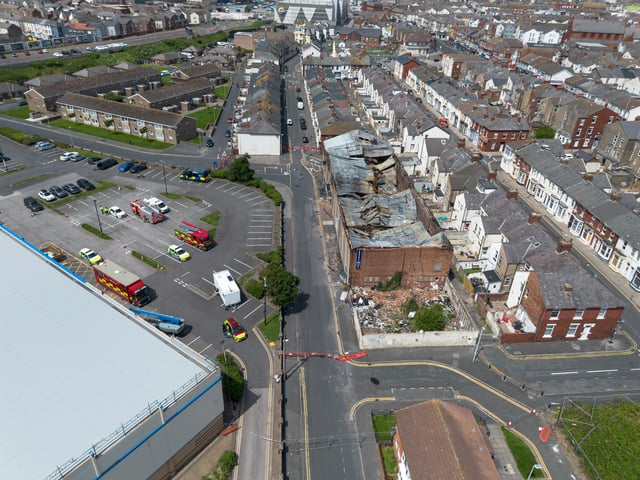 An aerial view of the fire torn roof