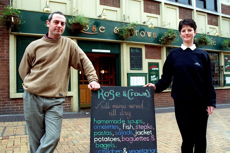 The Rose and Crown in Birley Street was the first town centre pub to take the Counterpoint card in 1997. Pic shows manager Howard Swallow and barperson Donna McLeod outside the pub.