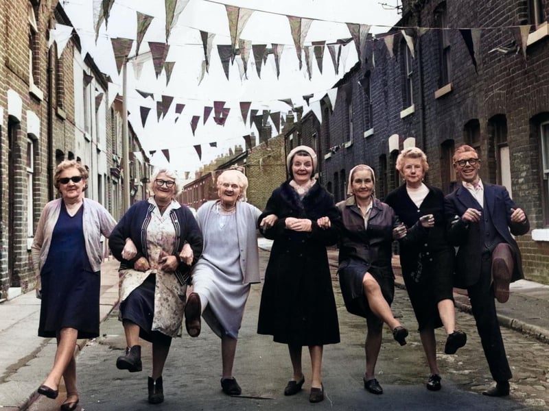 Some of Revoe's oldest residents seen on May 1 1974 shortly before their homes in Ibbison Street, Blackpool were bulldozed. This has worked well with colour filer. From left: Alice Radcliffe, Lilian Read, Gladys Williamson, Rose Jones, Dorothy Williamson, Doris Pickles and Joe O'Neill
