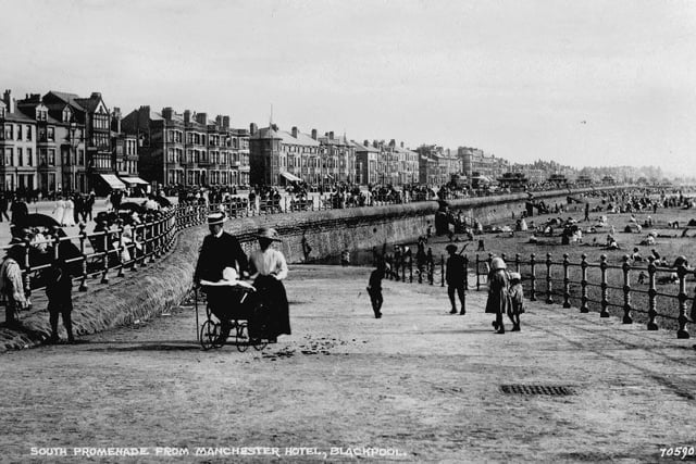 South Promenade in Blackpool from the Manchester Hotel in 1902. The area had been transformed since the days of the famous 1833 storms when sandhills in front of Simpson's Hotel disappeared