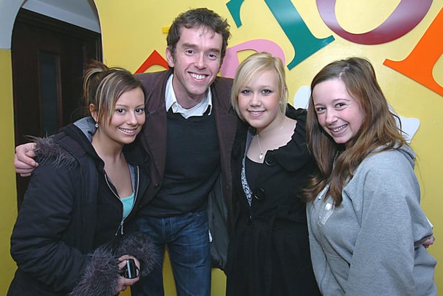Emmerdale actor Mark Charnock with dancers Becky Holmes, Elesha Ray and Emma Ball at the relaunch of the Tiptoes Theatre School, 2008