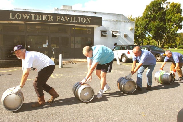 Preparations for Lytham Beer Festival at Lowther Pavillion, Lytham. Rolling out the barrells are from left, Ray Jackson, Paul Smith (chairman), Russell Cobb, and Ian Walker