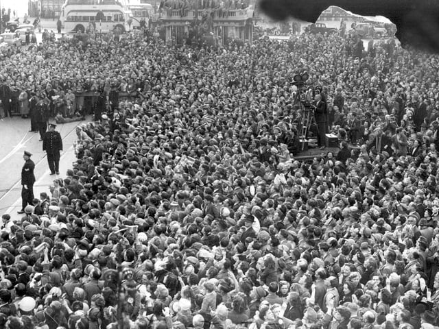 Huge crowds greeted the return of the triumphant Blackpool team. Here is the scene in Talbot Square for the civic reception.