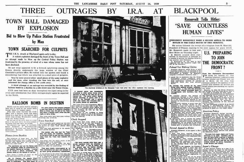 Lancashire Post report after the IRA bomb attack on Blackpool Town Hall of August 26, 1939
