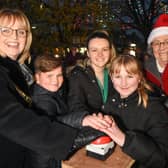 Mayor of Wyre Julie Robinson with Ellie Turner, Youth Mayor Hannah Mullin, Ivan Goodrick and Jenie Phillips at the Thornton Christmas Lights Switch On.