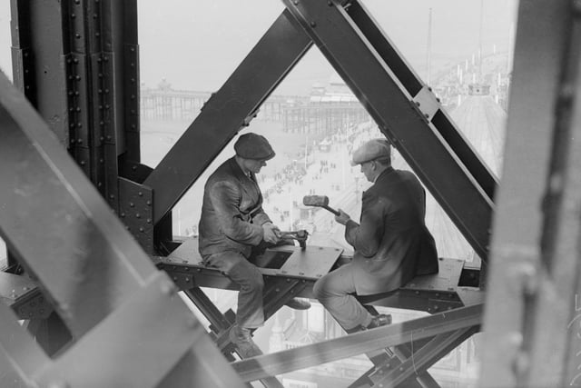 October 3 1933 -  Two men working on a girder in Blackpool Tower