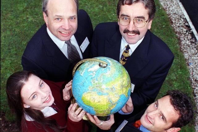 Official opening of the new language centre in 1998. Pupil Emma Daniels with Chris Rogan from British Aerospace, headteacher Paul Moss and former pupil Karl Crompton