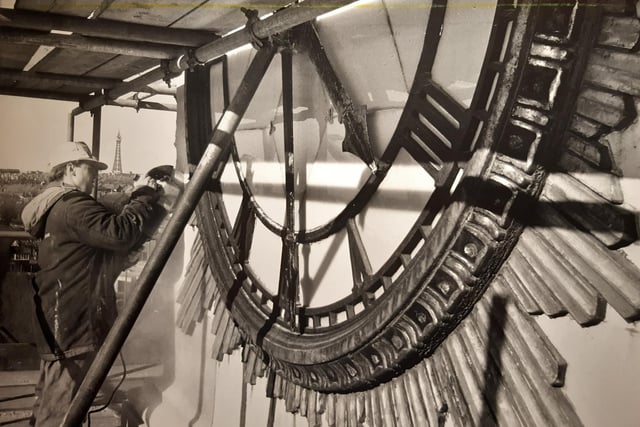 Andrew Threckeld, 80ft up working on the stonework surrounding the clock face of the Cocker Memorial Tower in Stanley Park, 1988