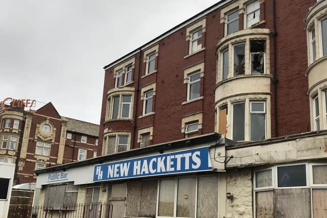 The aftermath of the fire at the derelict New Hacketts Hotel on Queens Promenade on Saturday night.