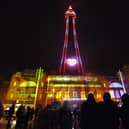 Iconic Blackpool Tower is all lit up for the Carpet family party on the Comedy Carpet, with a light and laser show set to music, projected onto the Tower itself