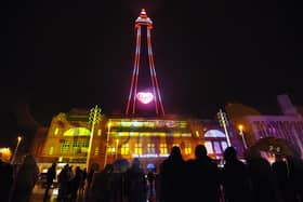 Iconic Blackpool Tower is all lit up for the Carpet family party on the Comedy Carpet, with a light and laser show set to music, projected onto the Tower itself