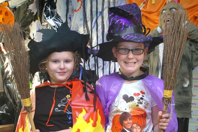 Pupils at Larkholme Primary School in Fleetwood had a chance to preview Halsall's new range of Halloween outfits. Pictured: Amber Lawton (left) and Lucy Simey