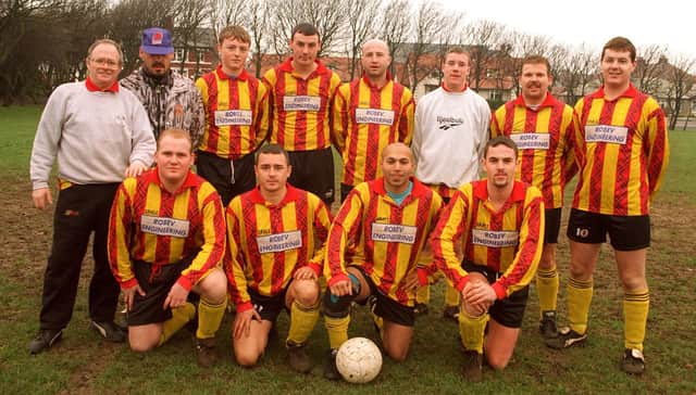 Sunday League match between the Wheatsheaf Hotel and Layton, at Claremont Park in 1996. Pic shows Wheatsheaf team. Front L-R: Pete Donnelly, Clive Tanser, Suresh Palmar and Paul Horn. Back: Alan Fisher (assis. man.), Barrie Brown (man.), Paul Oldham, Gordon Mason (cap.), Dave Sharman, Lee Catlow, Shaun Burton and Dave Meehan